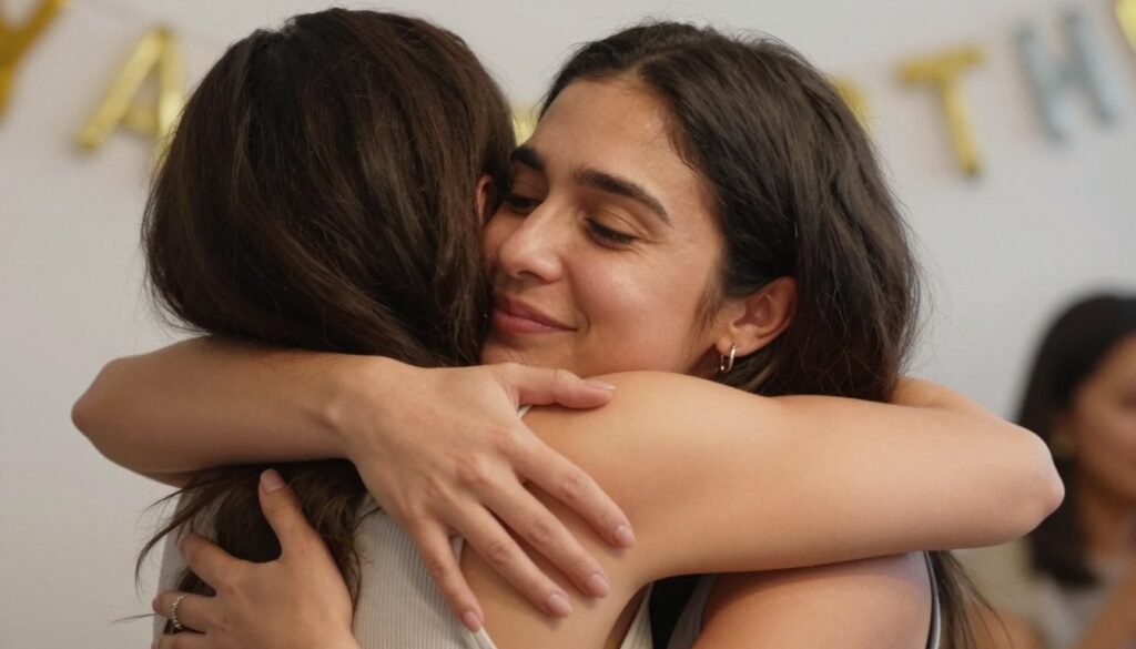 Women embracing at a happy birthday sister in law celebration showing genuine connection