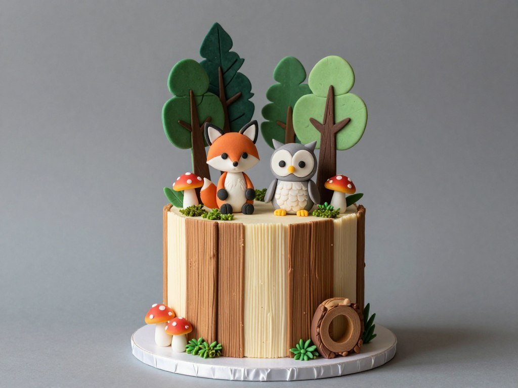Woodland baby shower cake with fox, owl, and forest details