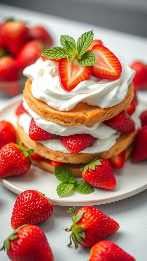 A delicious strawberry shortcake topped with fresh strawberries and whipped cream, surrounded by more strawberries.
