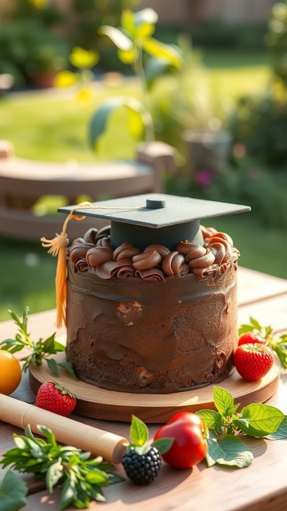 A vegan graduation cake decorated with a graduation cap and surrounded by fresh fruits.