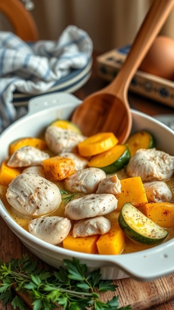 A comforting chicken and summer squash casserole with slices of chicken and vibrant squash in a baking dish.