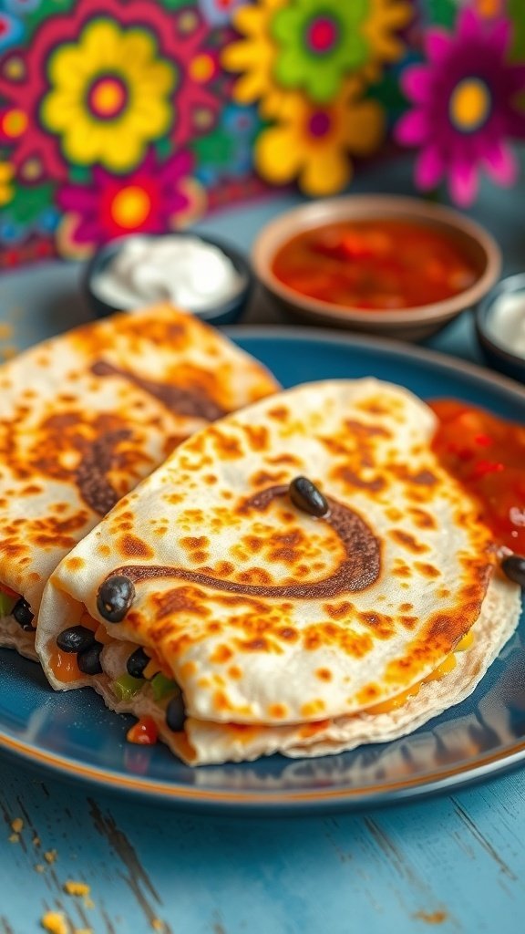 Delicious quesadillas with colorful dips on a plate