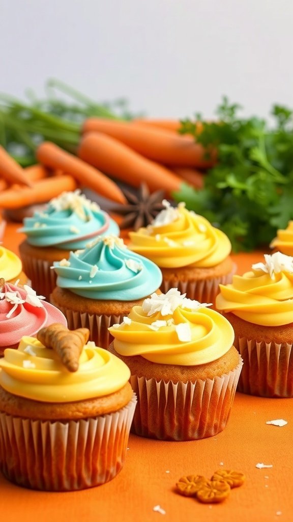 Colorful gluten-free carrot cupcakes with vibrant frosting and fresh carrots in the background.