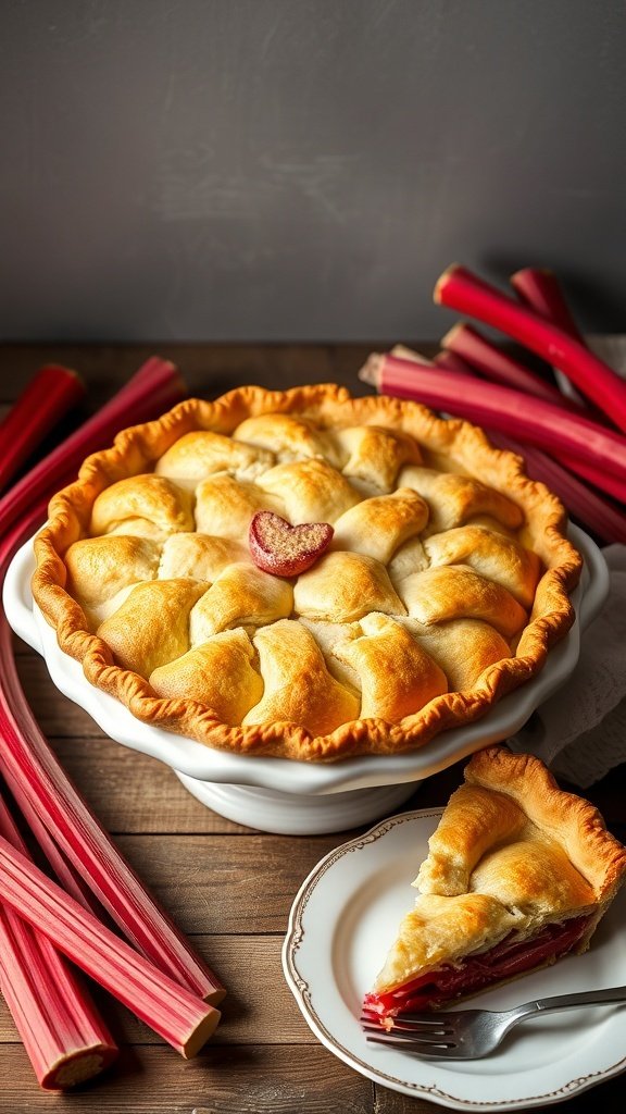 A classic rhubarb pie with a flaky crust, surrounded by fresh rhubarb stalks.