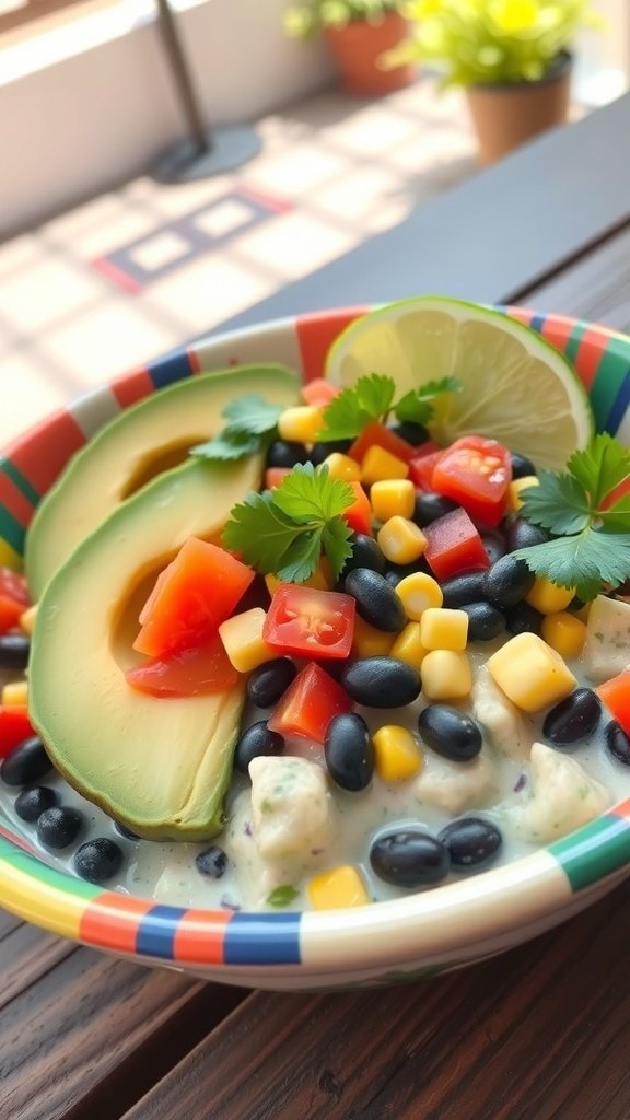 A colorful bowl of creamy avocado and black bean salad with tomatoes, corn, and cilantro.
