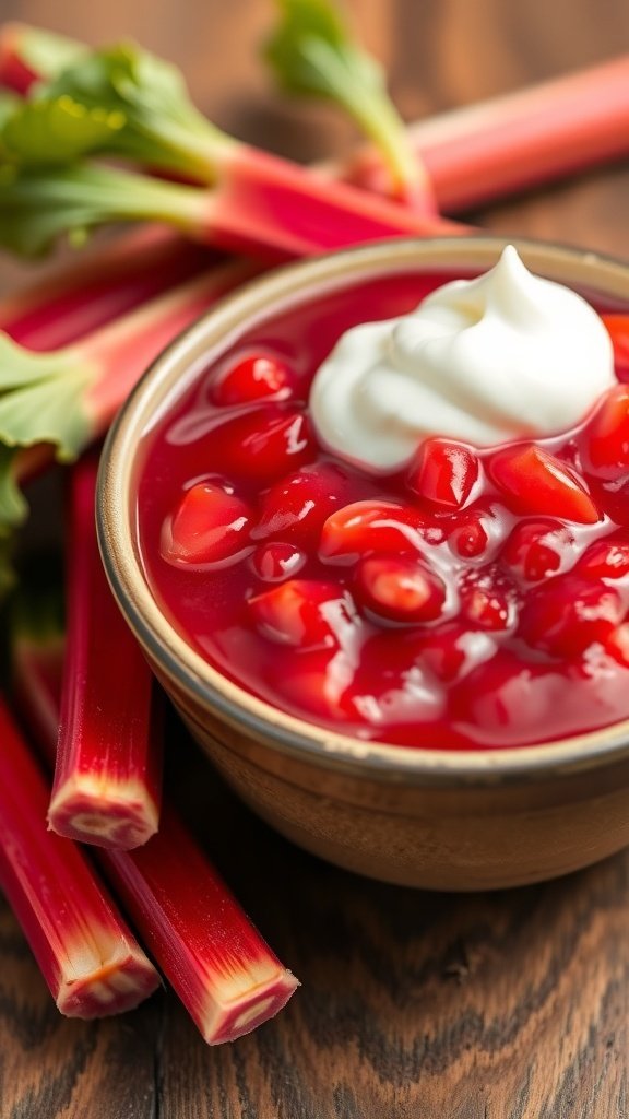 A bowl of rhubarb sauce topped with cream, surrounded by fresh rhubarb stalks.