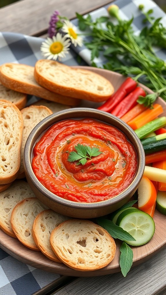 A bowl of roasted red pepper dip surrounded by sliced bread and fresh vegetables on a wooden platter.