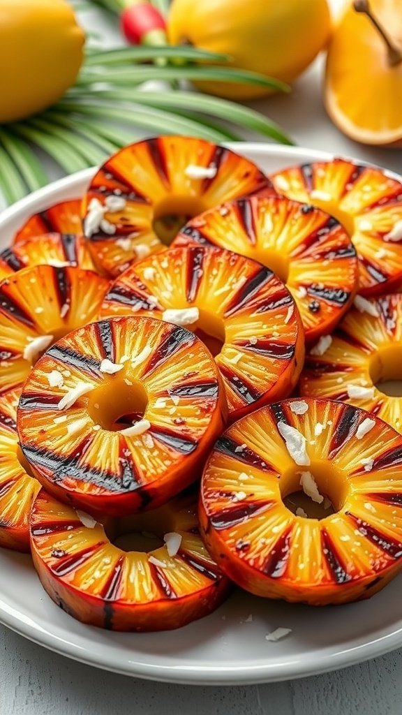Grilled pineapple slices on a plate, garnished with coconut flakes, showcasing a tropical summer dish.