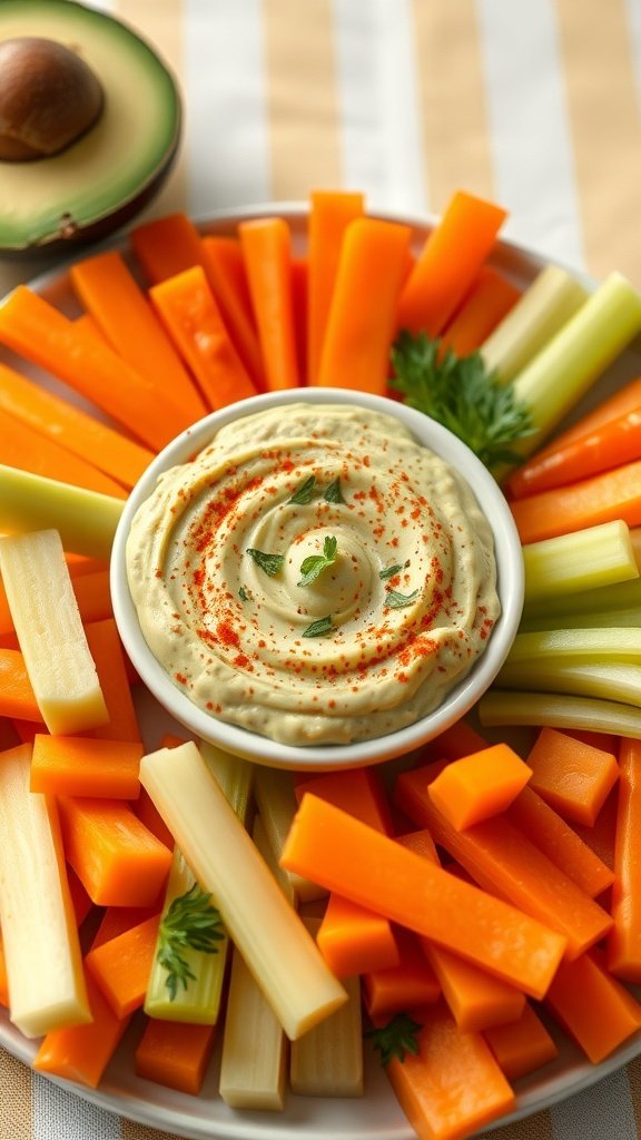 Creamy avocado and white bean dip served with fresh vegetable sticks.
