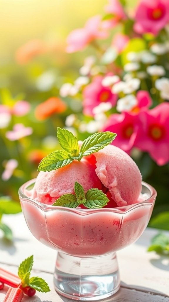 A bowl of pink rhubarb sorbet topped with mint leaves, surrounded by colorful flowers.
