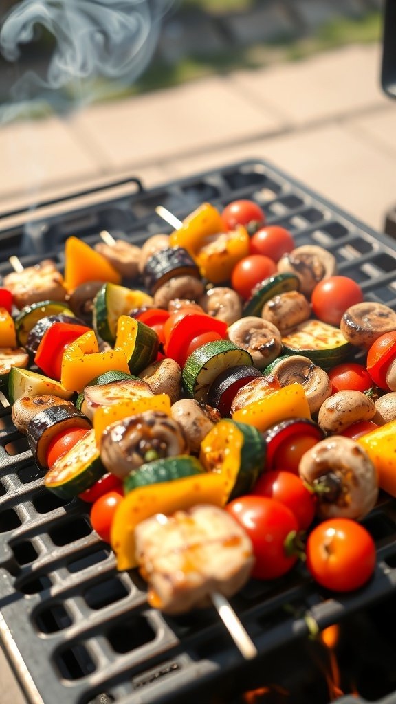 Grilled vegetable skewers with bell peppers, zucchini, cherry tomatoes, and mushrooms on a barbecue grill.