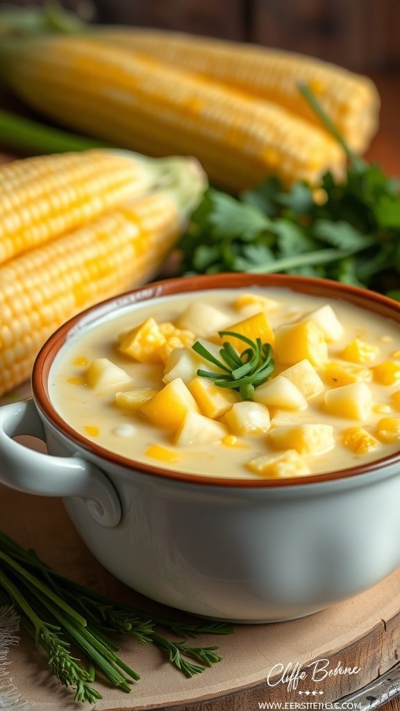 A bowl of creamy corn chowder with diced potatoes and fresh herbs, surrounded by corn on the cob.