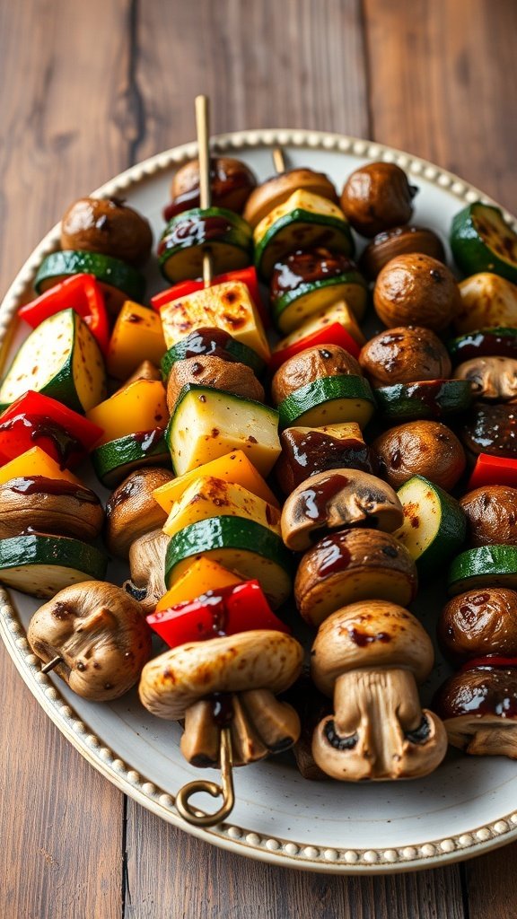 A platter of colorful grilled vegetable skewers with balsamic glaze