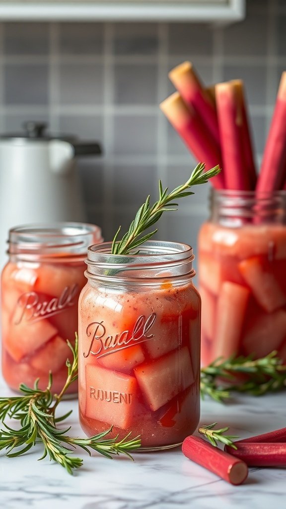 Jars of herbal infused rhubarb jam with fresh rhubarb stalks and rosemary
