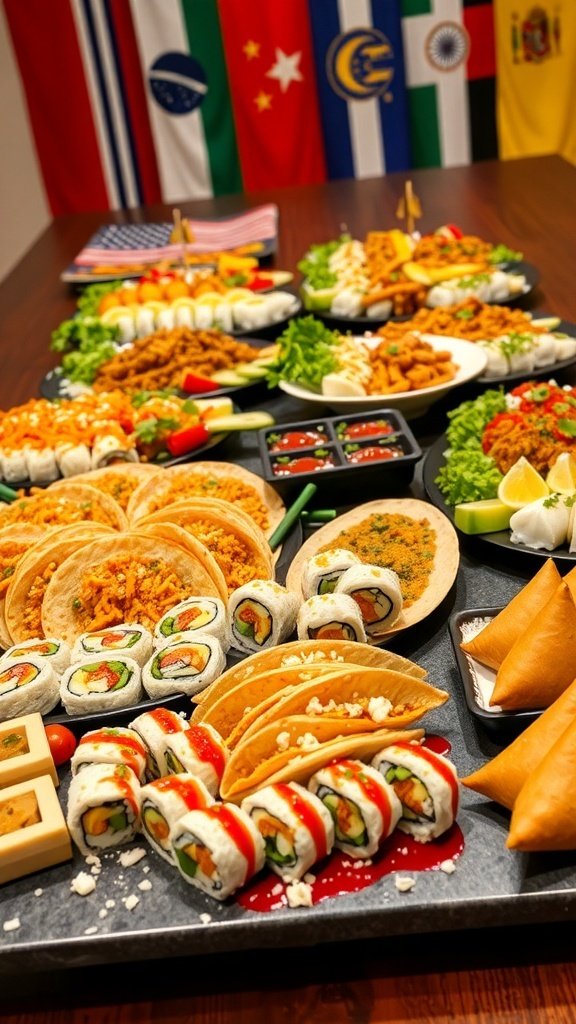 A colorful spread of international dishes including sushi, tacos, and samosas, with flags in the background.