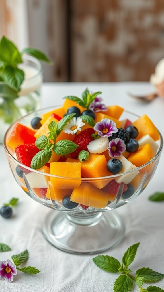 A colorful bowl of herb-infused fruit salad featuring strawberries, mango, blueberries, and garnished with mint and edible flowers.