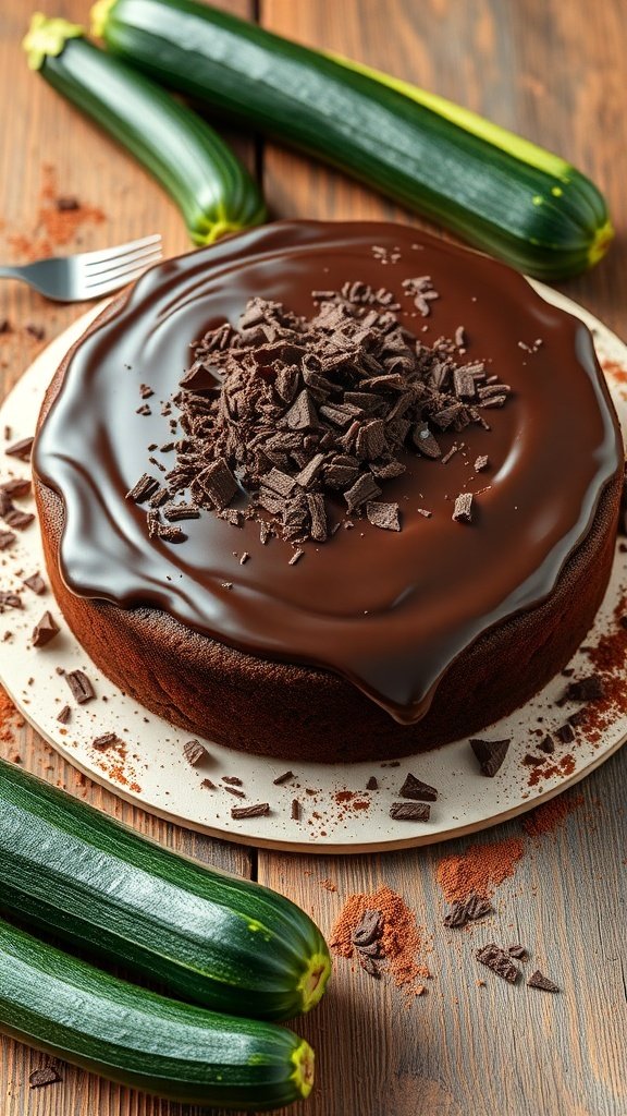 A rich chocolate zucchini cake topped with chocolate frosting and shavings, surrounded by fresh zucchinis.