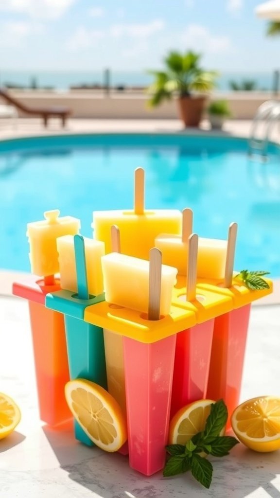 Colorful lemonade ice pops in molds next to lemon slices and mint leaves by a pool