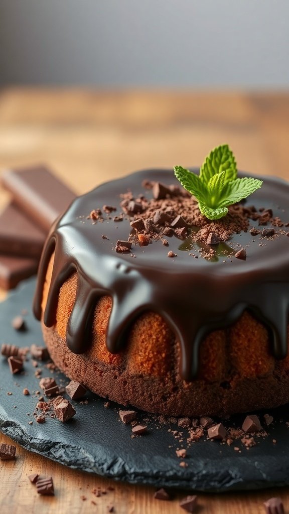 A beautifully decorated chocolate-carrot cake topped with chocolate ganache and mint leaves.