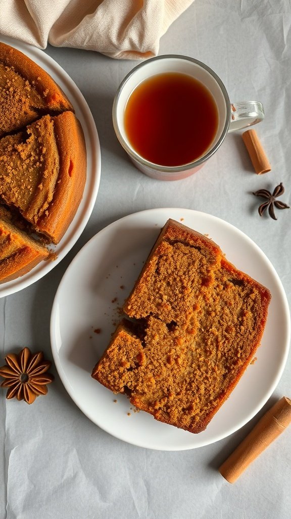 A slice of spiced carrot cake on a plate with a cup of tea beside it.