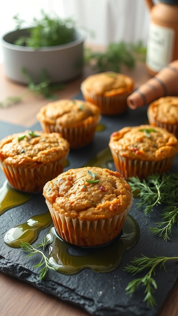 Savory carrot cake muffins with herbs on a slate board, surrounded by fresh herbs and olive oil.