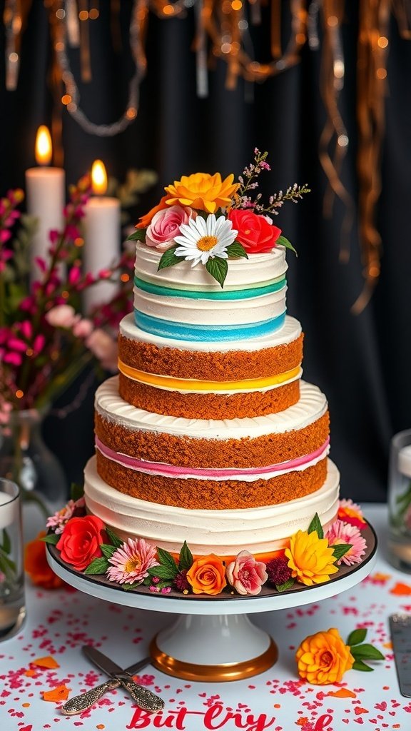 A beautifully decorated layered carrot cake with flowers on top, set against a festive background.