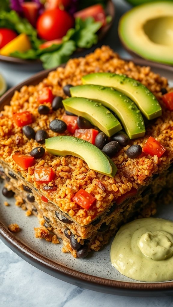 A delicious vegan quinoa and black bean casserole topped with avocado slices, served on a plate with fresh vegetables.