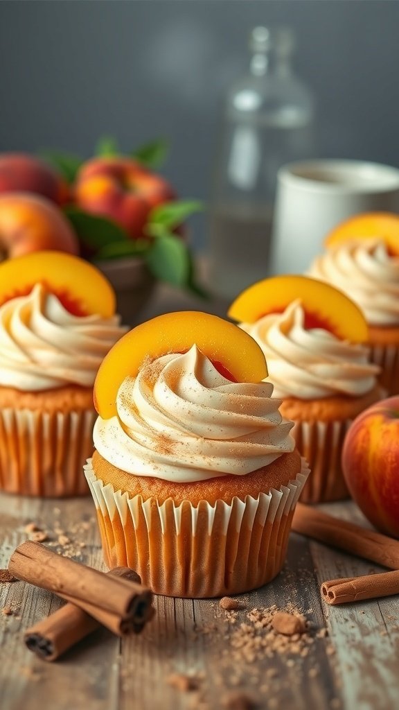 Sweet and spicy cinnamon peach cupcakes topped with peach slices and cinnamon sticks.