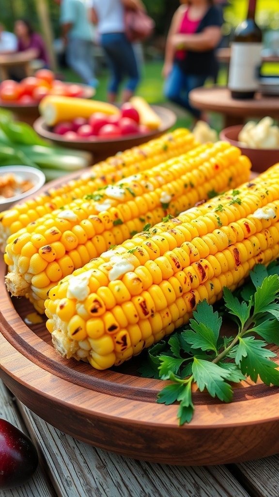 Grilled corn on the cob with zesty butter on a wooden platter, garnished with parsley.