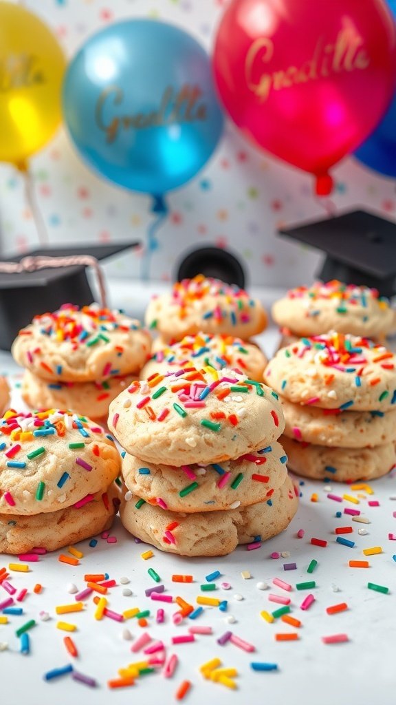 Colorful funfetti cookies decorated with sprinkles, surrounded by graduation-themed balloons and caps.