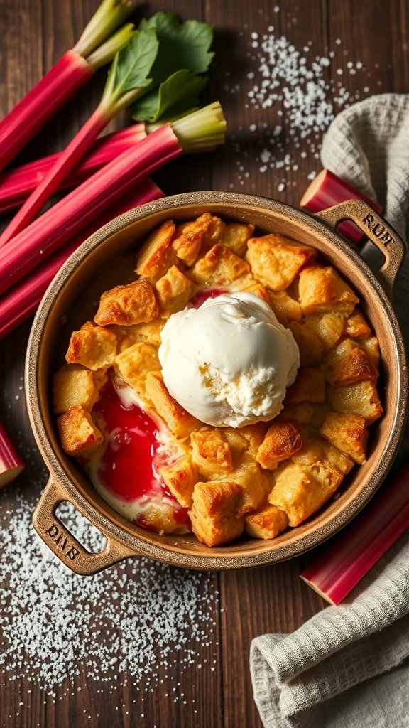 A warm rhubarb bread pudding topped with vanilla ice cream, surrounded by fresh rhubarb stalks and sugar.