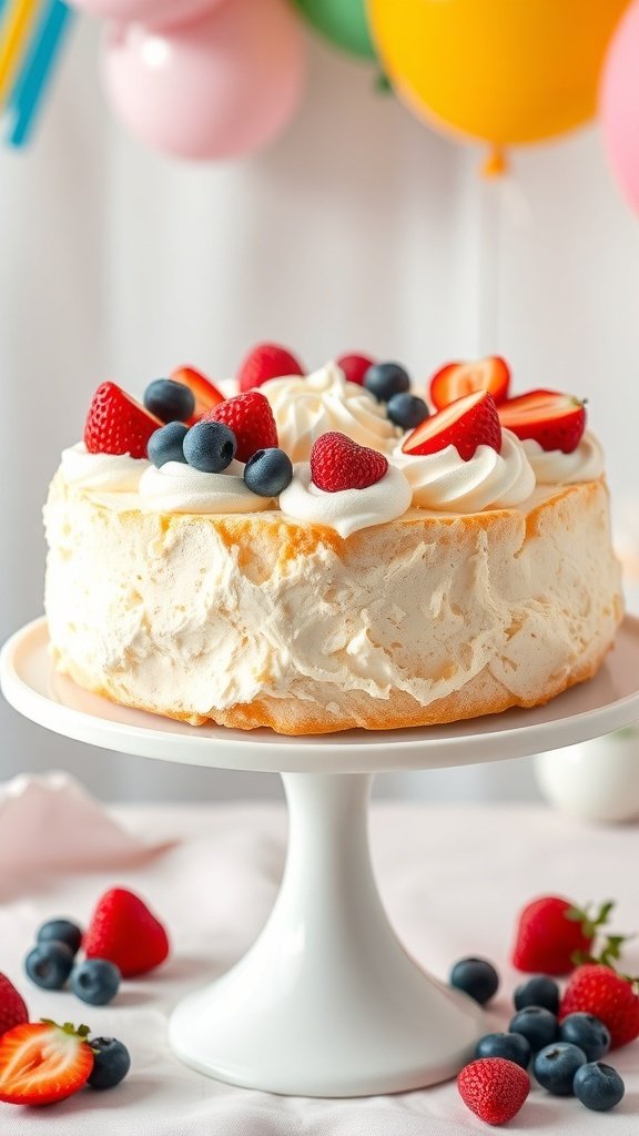 A light and airy angel food cake topped with strawberries and blueberries, set on a white cake stand with colorful balloons in the background.