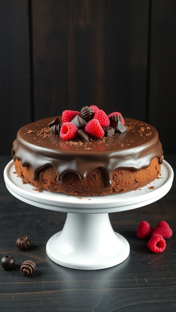 A rich chocolate fudge sheet cake topped with raspberries and chocolate curls on a white cake stand.