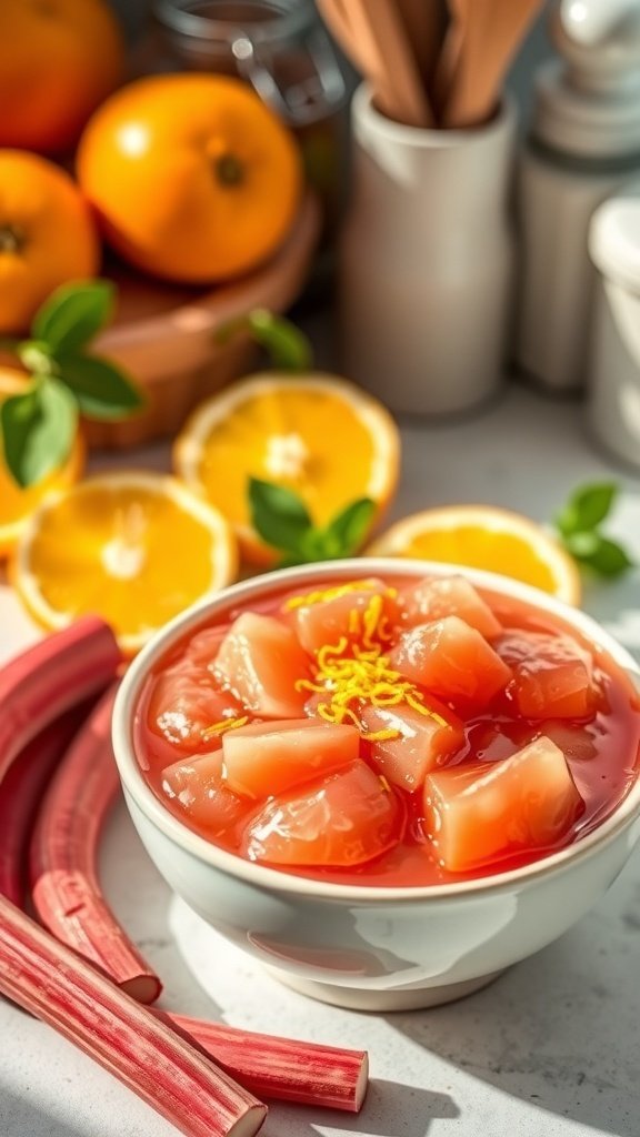 A bowl of rhubarb sauce garnished with orange zest, surrounded by fresh oranges and rhubarb stalks.