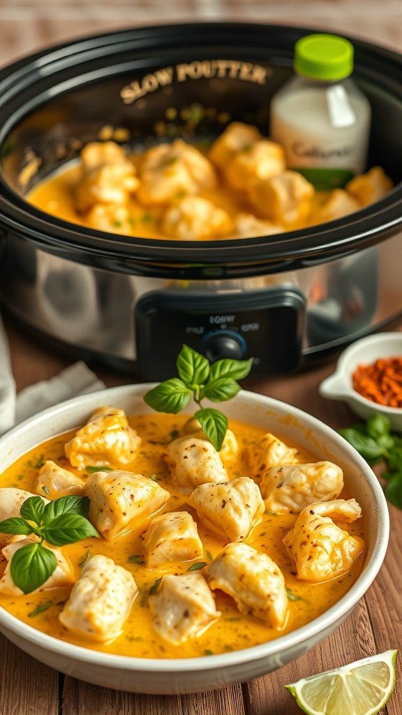 A bowl of creamy coconut curry chicken garnished with basil, with a slow cooker in the background.