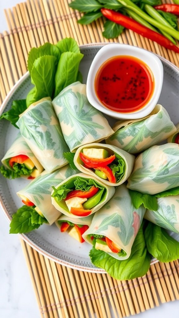 A platter of spicy tofu and veggie summer rolls with a bowl of dipping sauce.