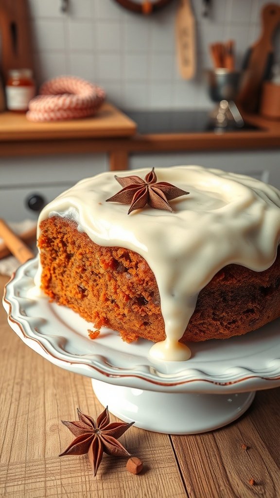 A spiced carrot cake with cream cheese frosting and star anise decoration.