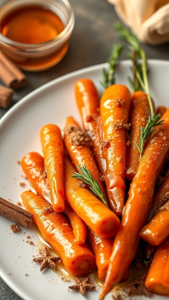 Brown sugar glazed carrots with honey and cinnamon on a plate, garnished with rosemary.