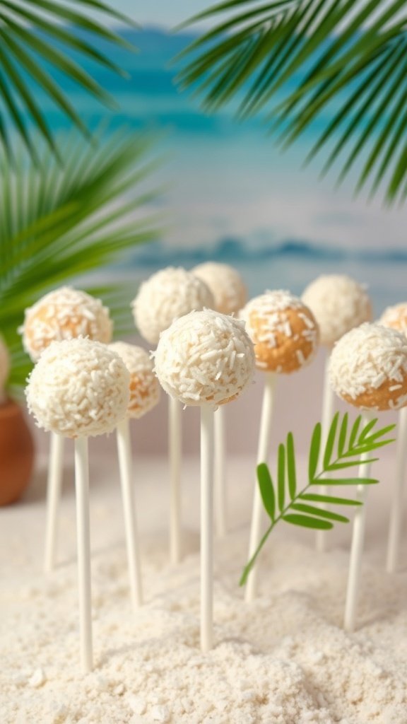 Coconut cake pops decorated with shredded coconut on a sandy surface with palm leaves in the background.