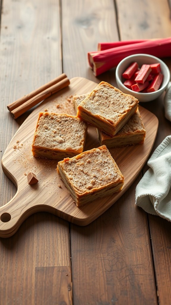 Delicious spiced rhubarb cinnamon bars on a wooden cutting board with fresh rhubarb stalks and cinnamon sticks.