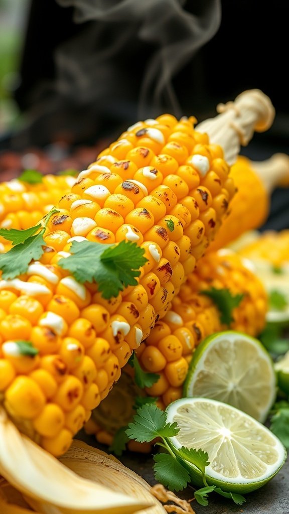 Grilled corn on the cob topped with cilantro and lime wedges