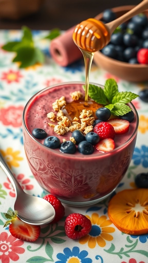 A colorful berry-infused smoothie bowl topped with granola, fresh berries, and honey on a floral tablecloth.
