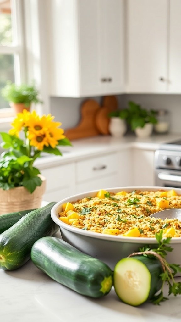 A fresh squash casserole with quinoa, surrounded by zucchinis and sunflowers in a bright kitchen.
