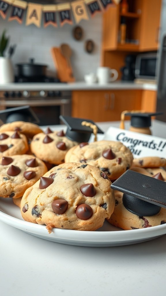 A plate of chocolate chip cookies decorated with mini graduation caps and a congratulatory banner in the background.