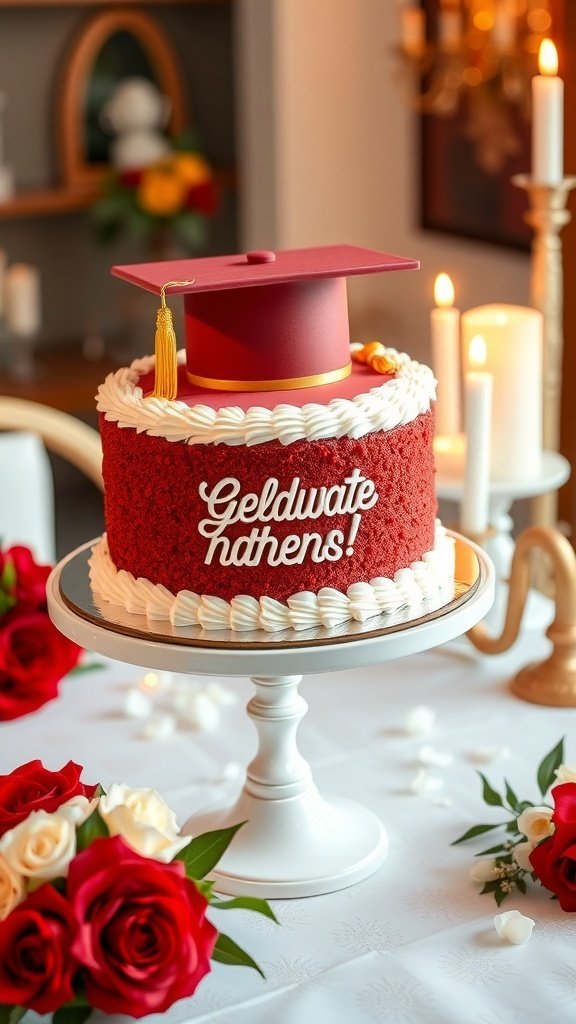 A beautiful red velvet graduation cake with a graduation cap on top, surrounded by roses.