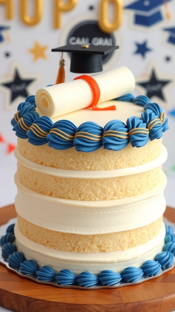 A creative vanilla graduation cake with blue and gold decorations, featuring a graduation cap and diploma.