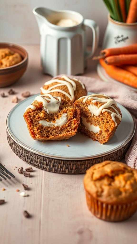 Delicious carrot muffins stuffed with cream cheese, drizzled with icing, and garnished with fresh carrots.