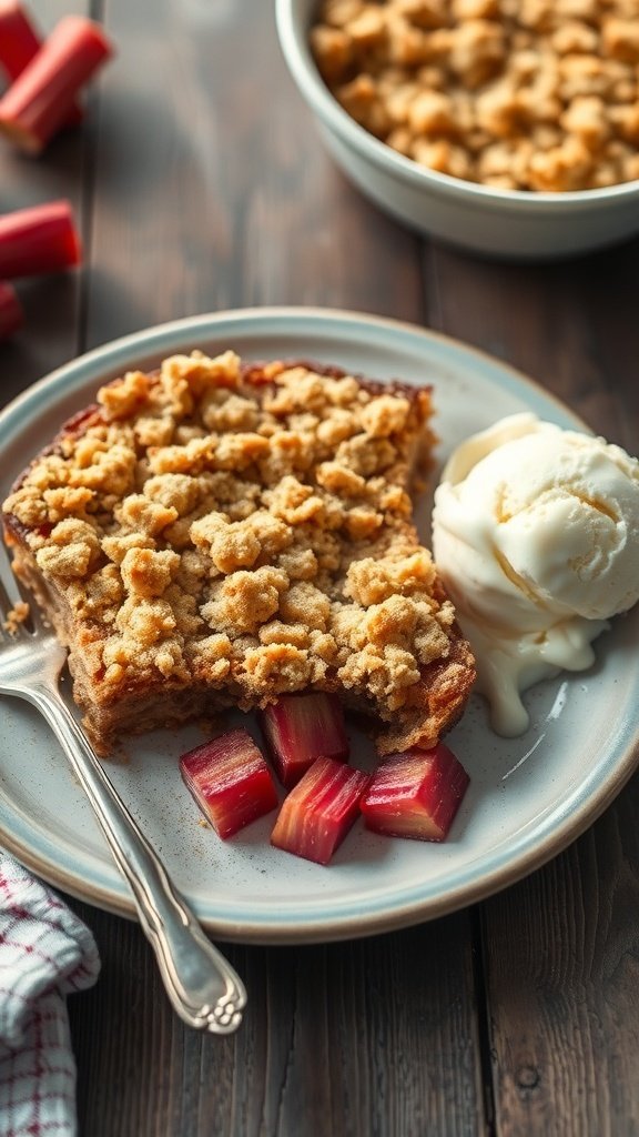Slice of rhubarb crumble cake served with ice cream and fresh rhubarb pieces