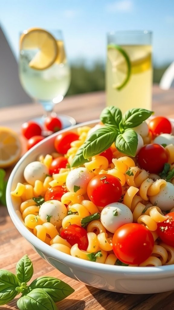 A vibrant bowl of cold pasta salad with cherry tomatoes, mozzarella, and fresh basil, accompanied by refreshing drinks.