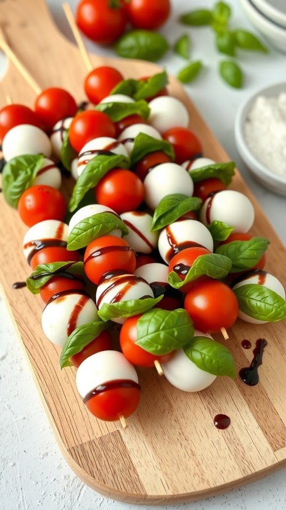 Caprese skewers with cherry tomatoes, mozzarella, and basil on a wooden board